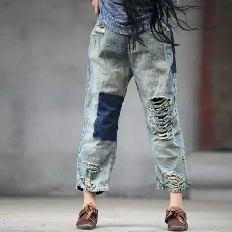 Cotton Denim Vintage Washed Loose Trousers Summer and Autumn Women's Artistic Casual Wide Leg Ripped Jeans