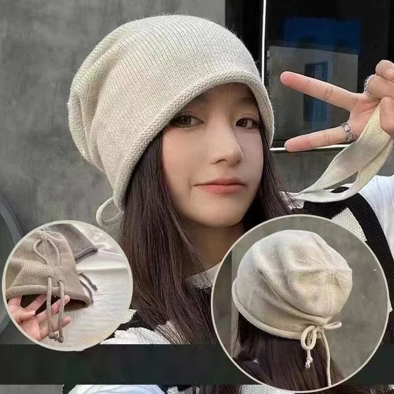 Warm Knitted Baggy Beanie Hat Women Men Drawstring Kpop Slouchy Wool Cap Winter Spring Soft Skullcaps Outdoor Windproof Bonnet 4