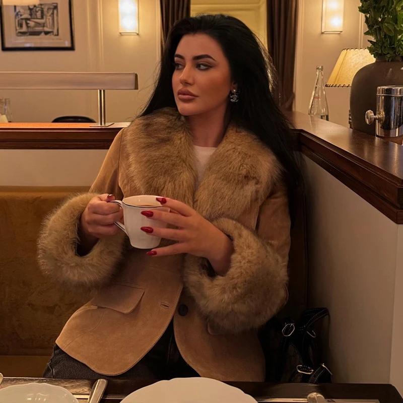 Elegant Faux Fur Collar Women's Coat Suede Single Breasted Winter Jackets Women 2025 Autumn Chic Street Office Lady Outerwear ﻿