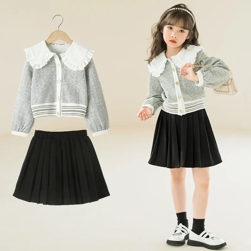 

2024 Korean Spring Autumn Children Sets For Girl 2 Pieces Junior Girl Cardigan Top Teenager Girl Short Skirt Sets For Girls