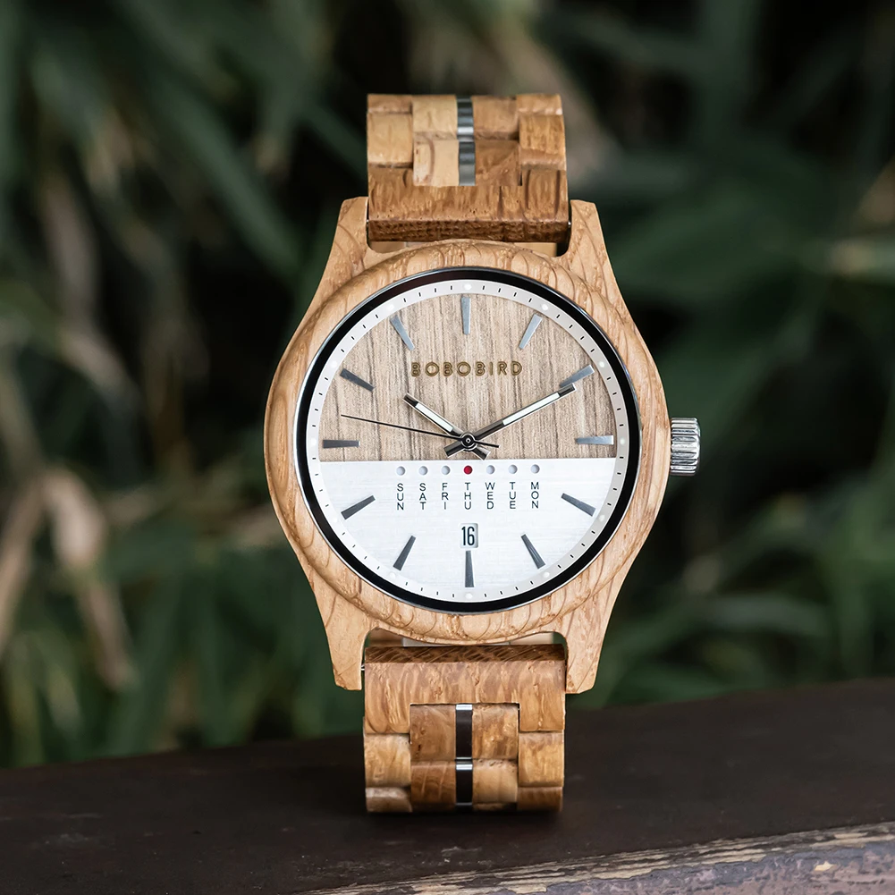 BOBO BIRD Montres en bois pour hommes Montre en bois de chêne blanc Mains lumineuses Affichage de la semaine et de la date Montre-bracelet pour hommes Cadeau d'anniversaire pour hommes
