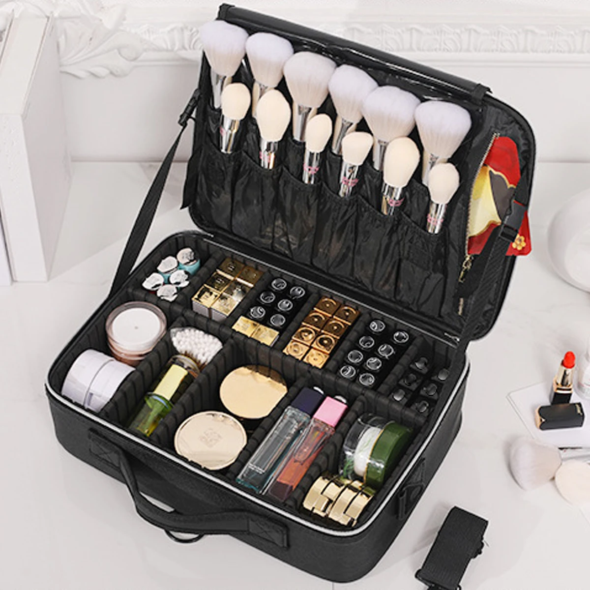Diamond Check PU Makeup Case, Large Waterproof Travel Organize Cosmetic Box 4