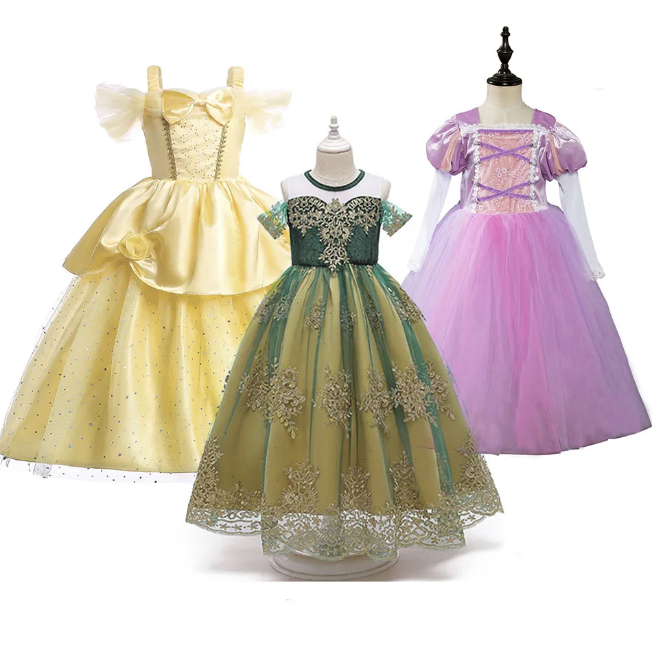 

Girls Birthday Party Princess Belle Dress Beauty and the Beast Costume Kids Tangled Rapunzel Ball Gown Frozen Anna Lace Frocks