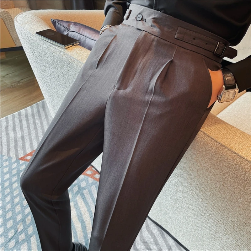 Temperament High Waisted Suit Pants for Men Solid Color Casual Business Dress Pants Versatile Wedding Office Social Trousers 38