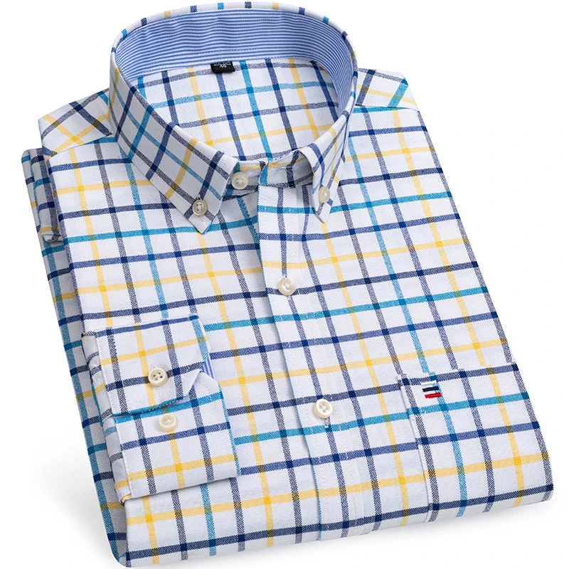 7XL 6XL Men's Oxford Shirts Long Sleeve 100% Cotton Casual Plaid Soft Regular Fit Formal Dress Shirt Social Blouse Male Clothes