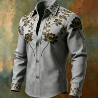 Chemise homme de luxe à manches longues avec broderie lotus en fil doré, texture satinée, col à revers, chemise décontractée et formelle 6