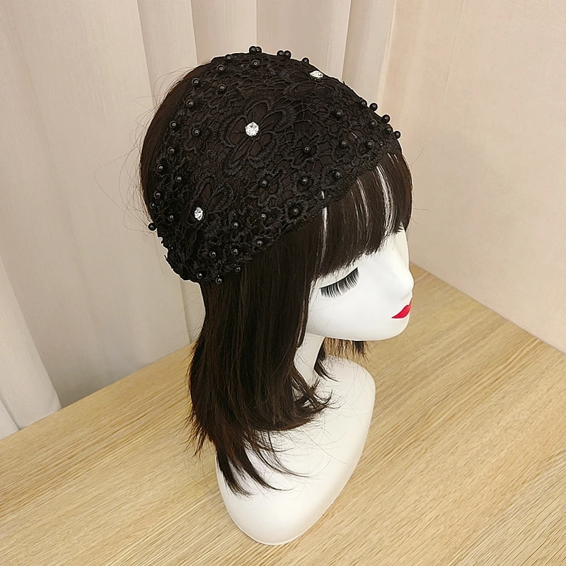 Blume Hohle Spitze Stretch Haar Abdeckungen Perle Stirnband Headwrap Breite Haar Schal Haar Zubehör Für Frauen Mädchen – Detail 8