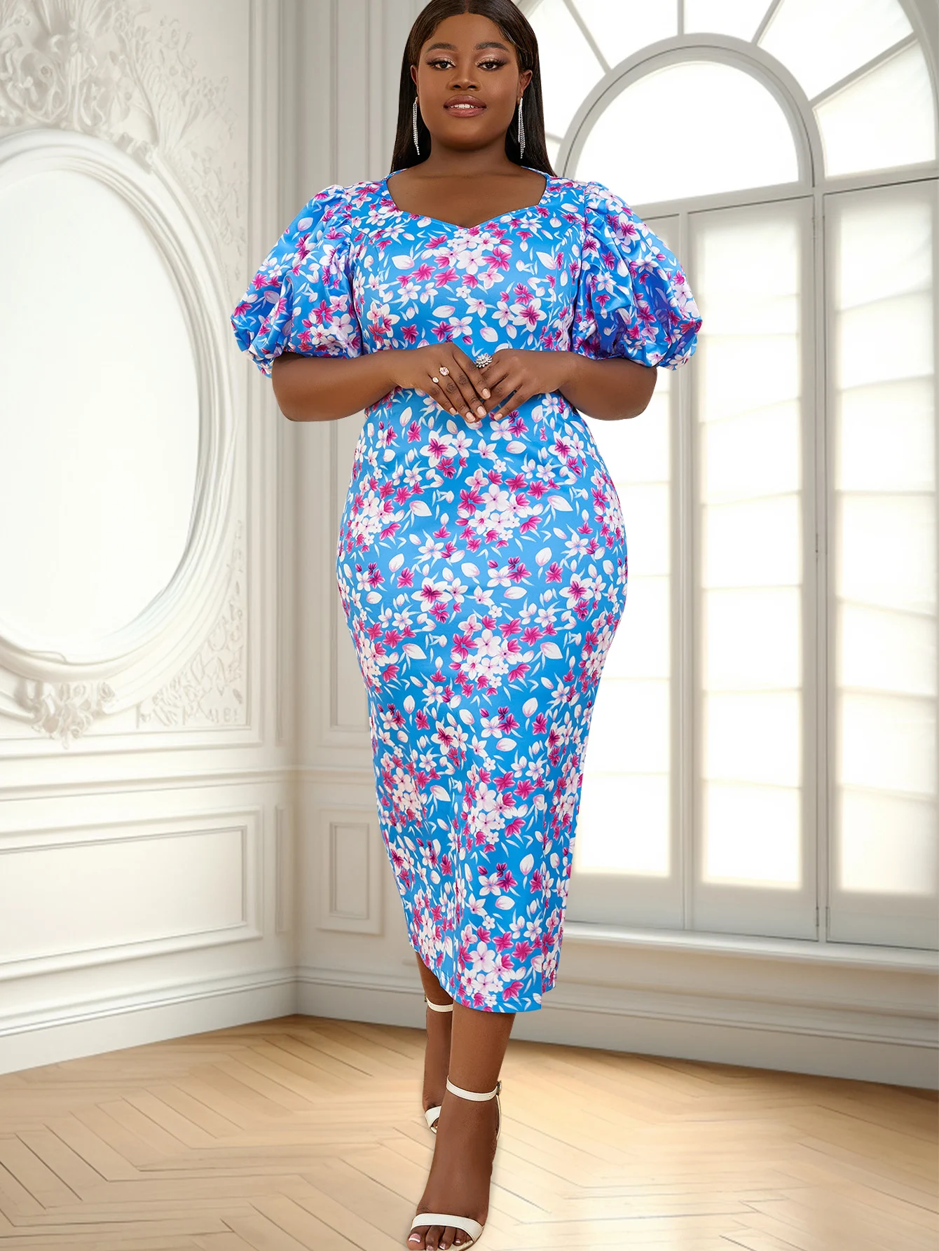 

Blue Printed Midi Dresses Women Plus Size 4XL Sweetheart Neck Puff Sleeve Floral Sheath Ankle Length Cocktail Gowns Outfits 2024