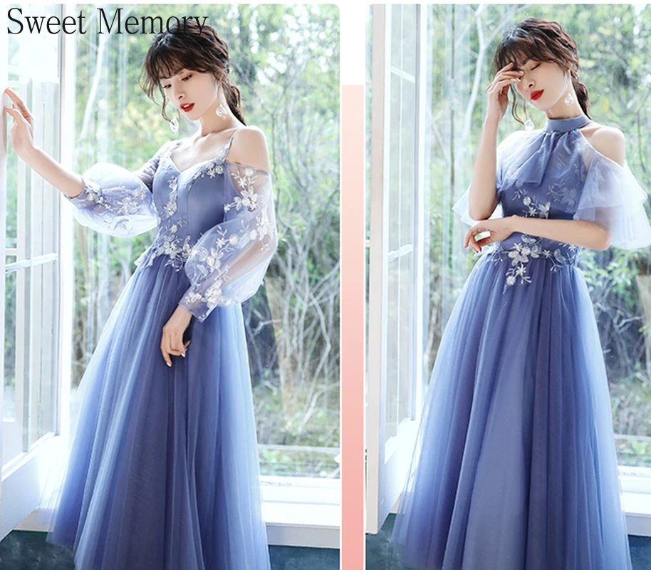 Bridesmaid Dresses A98118 Grey Blue Halter Girl Appliques Illusion Sleeves Lace Up Formal Wedding Party Prom Dresses