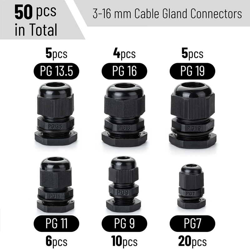 50PCS Waterproof IP68 Cable Gland Adjustable 3-16mm Waterproof Cable Connectors PG7 PG9 PG11 PG13.5 PG16 PG19 Gland Joints