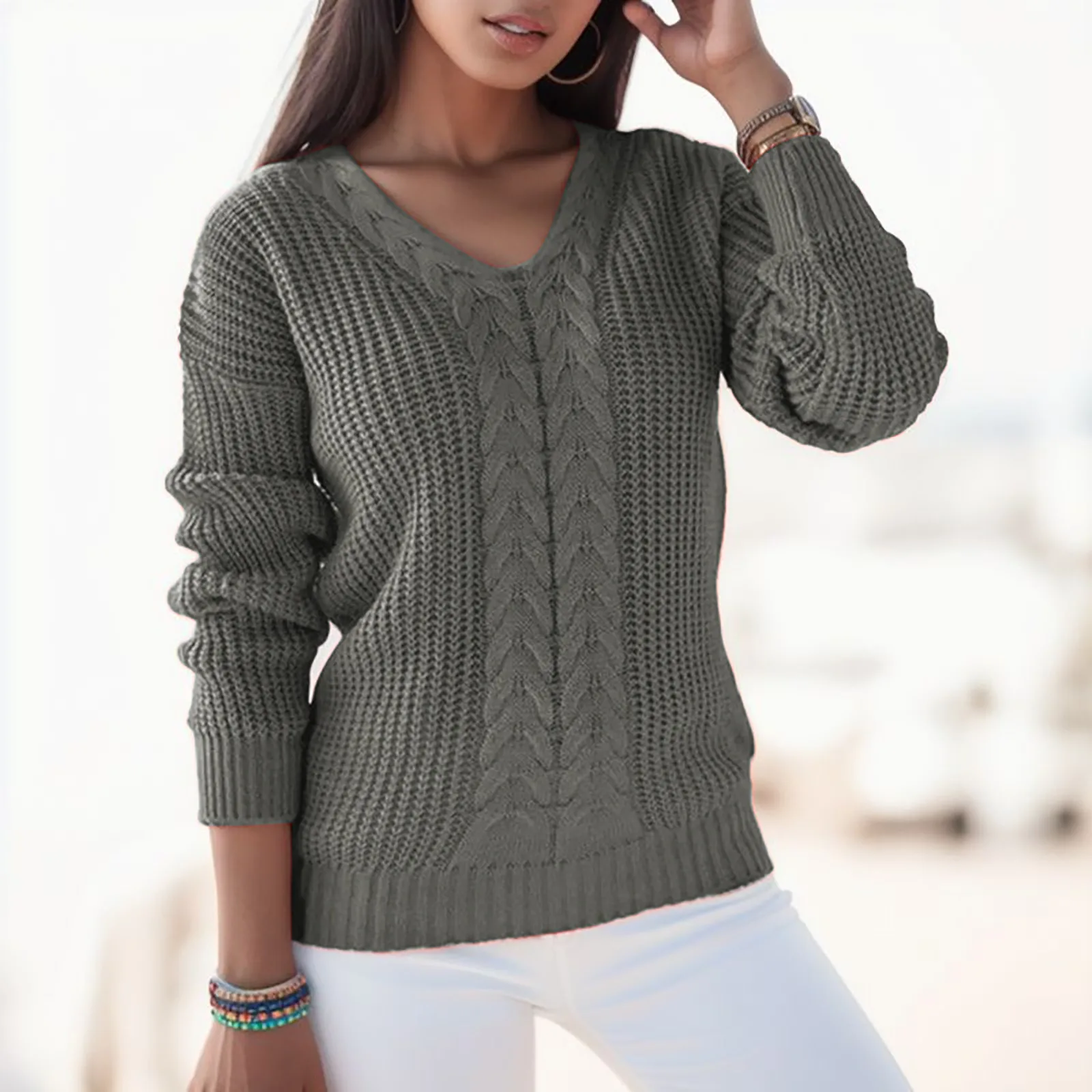 

Thicken Knitted Pullovers Womens Loose Color Block Round Neck Fleece Lined Warm Knitwear Tops Knitwear Jumpers Bottoming Sweater