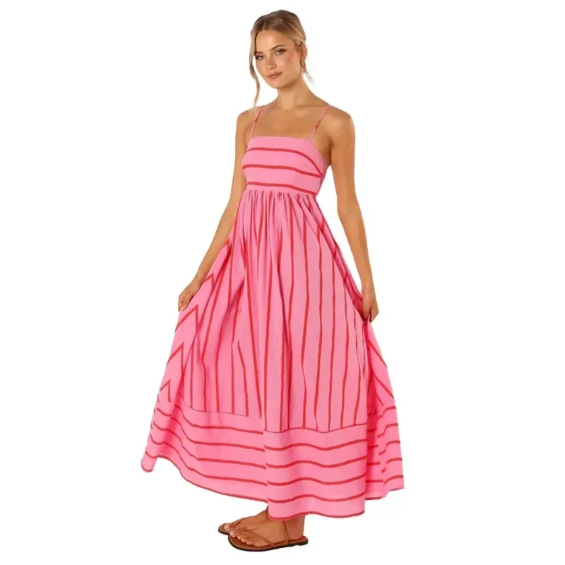Vestido largo con estampado a rayas para verano, traje largo sin mangas con tirantes, Espalda descubierta, informal, 2023