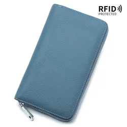 Zippered Genuine Leather Women's Cash Budgeting Wallet with Multiple Compartments (Denim blue)