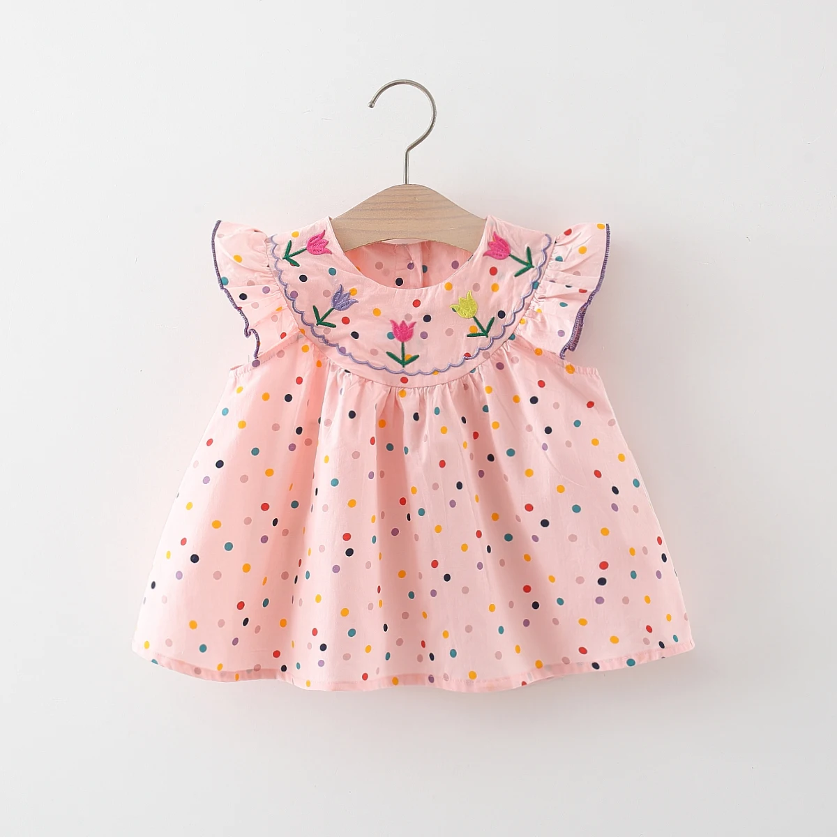 Summer New 0-3 Year Old Girl Short sleeved Dress with Flower Embroidered Colorful Dot Doll Neck Princess Dress 2