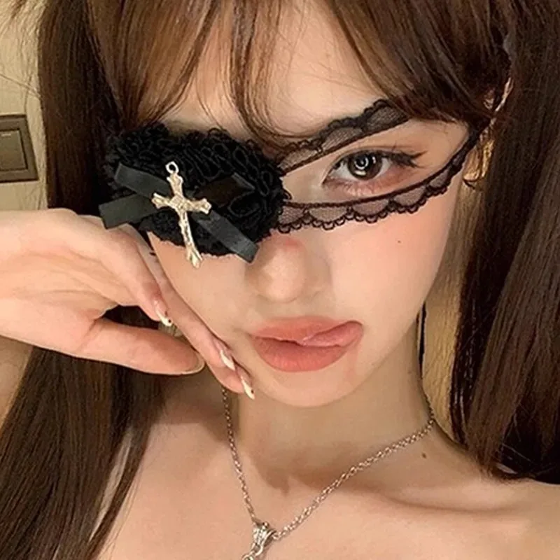 Sweet Cool Black White Lace Bows Heart Cross Eye Mask for Women Girls Subculture Lolita Dark Gothic Cosplay Party Accessories