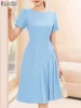 451549-2c6d80.jpg فستان نسائي بأكمام قصيرة مطوي ، موضة صيفية ، رقبة مستديرة ، خصر ممشوق ، طول الركبة
