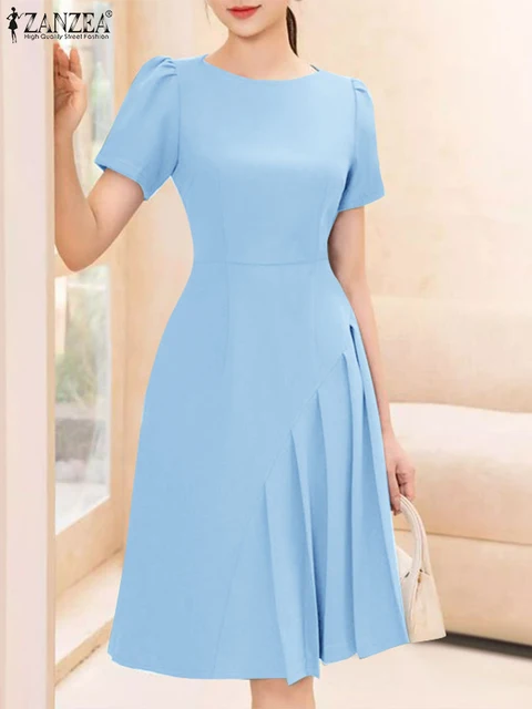 451549-2c6d80.jpg فستان نسائي بأكمام قصيرة مطوي ، موضة صيفية ، رقبة مستديرة ، خصر ممشوق ، طول الركبة