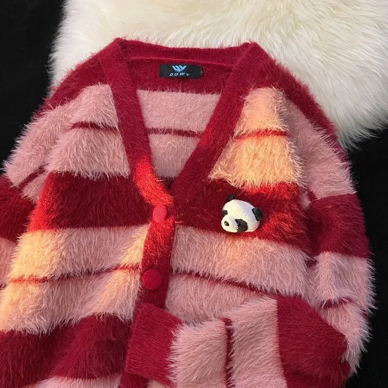 

Imitation Mink Knitted Cardigan Sweater Women's 2023 Autumn/Winter Japanese Vintage Stripe Panda Doll Couple Sweater Coat Female