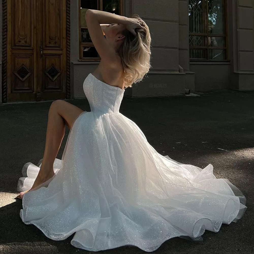 Glitter Ivory Wedding Dresses With Pockets Tea-Length Tulle Bride Dress Strapless Slit Sexy Dress For Women 2023 Robe De Mariee 4
