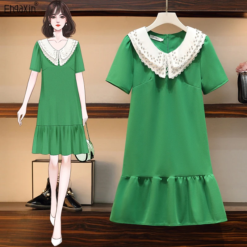 

EHQAXIN Summer Ladies Dress 2022 Fashion Beaded Doll Collar Lace Stitching A-Line Ruffle Short Sleeve Dresses For Female M-4XL