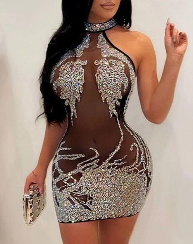 

Women's 2023 New Hot Selling Popular Casual Fashion Transparent Mesh Contrast Rhinestone Tight Dress In Stock