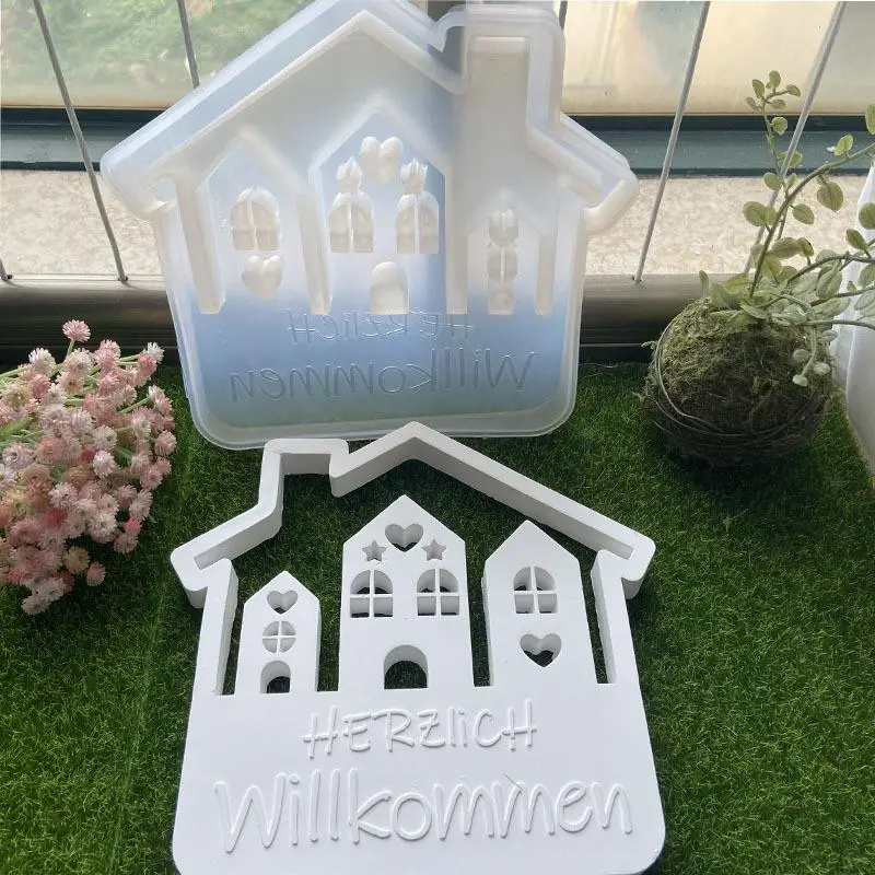 Three connected house decoration with chimney and heart, silicone mold, three connected house aromatherapy gypsum mold