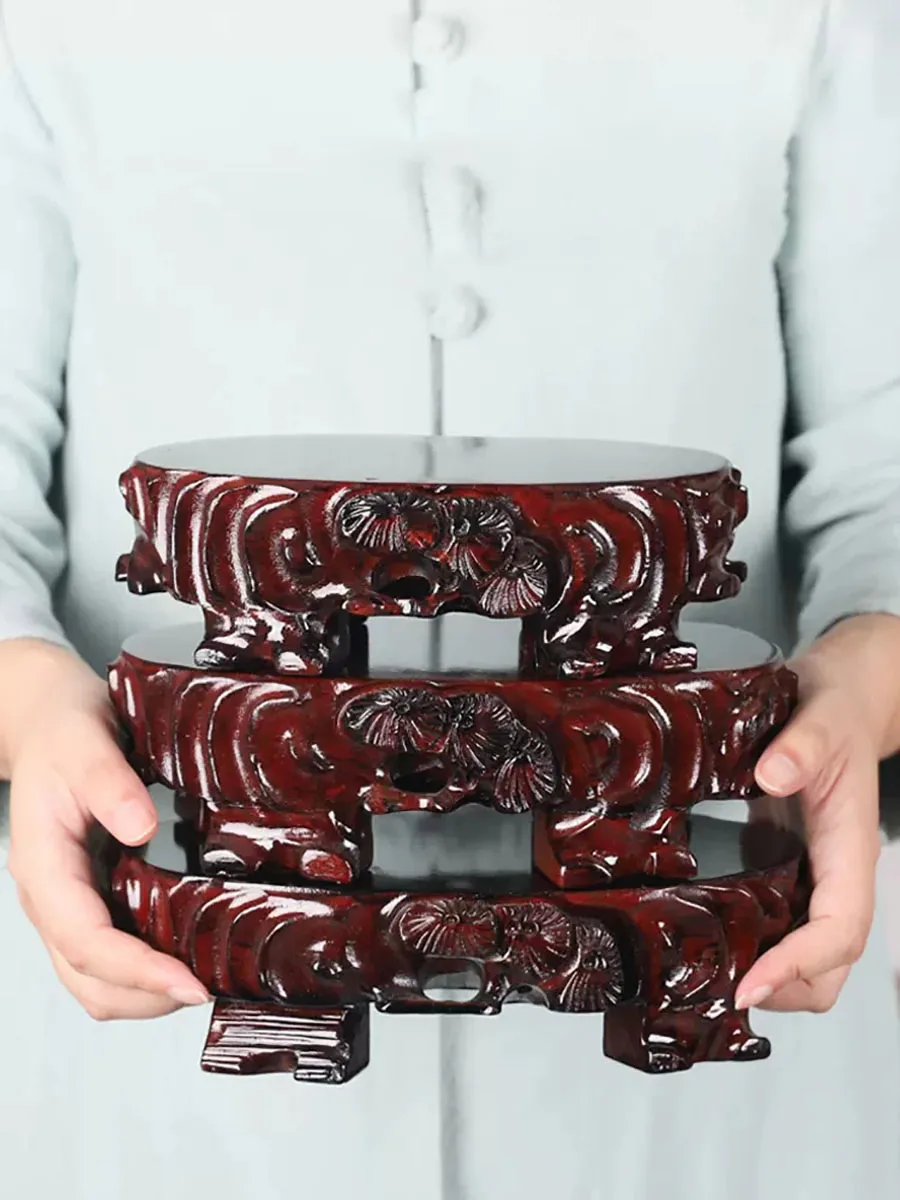 Solid Wood Oval Stone Root Carving Tray, Taishan Stone Pad, Flower Bonsai Decoration