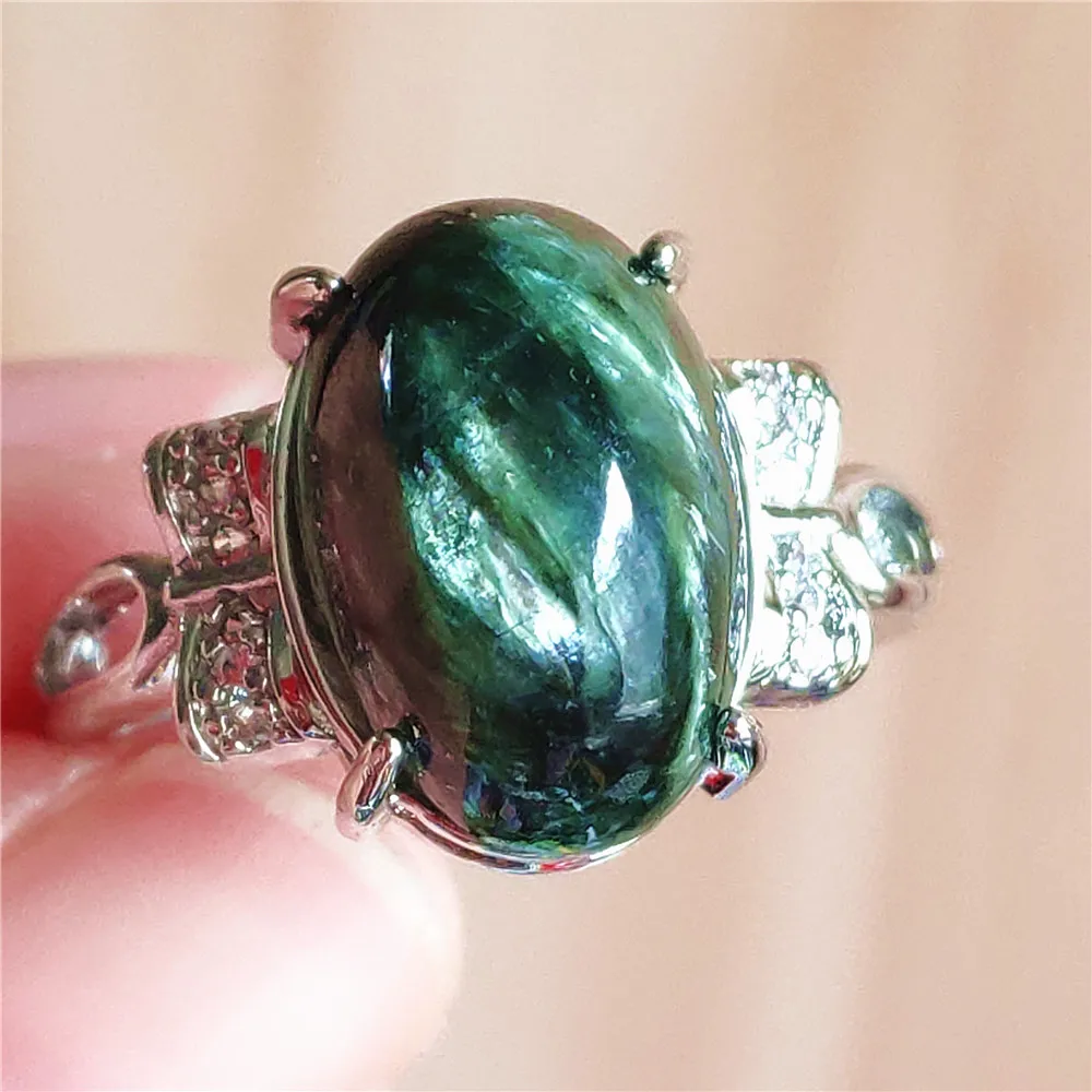 silver rings Natural Green Seraphinite Adjustable Size Ring Women Men Seraphinite Ring Clinochlore Oval Gemstone 925 Sterling Silver AAAAAA gucci ring