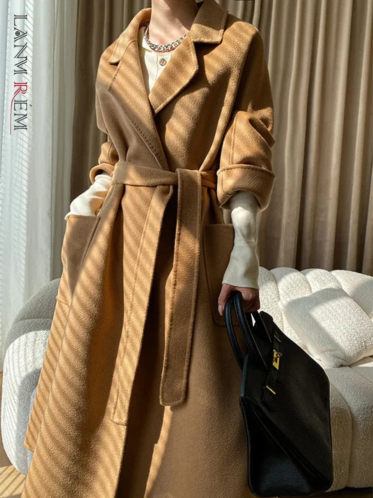 

LANMREM 100% Wool Coat Double Sided Long Sleeves Belt Coats Female High End Classic Overcoat Clothing 2023 Winter New 2DA2264