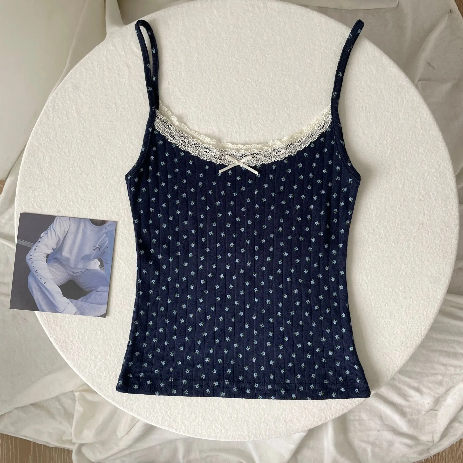 Floral Eyelet Lace-Trim Bow Tank Top - Women's Slim Cotton Camisole
