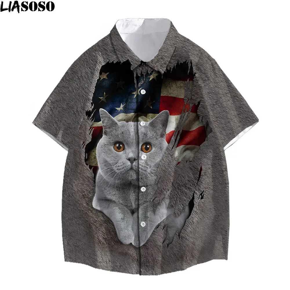 LIASOSO 2022 American Shorthair Children Shirt Men's Hipster Cartoon Cute Cat Printed Harajuku Shirts Popular Streetwear Tops