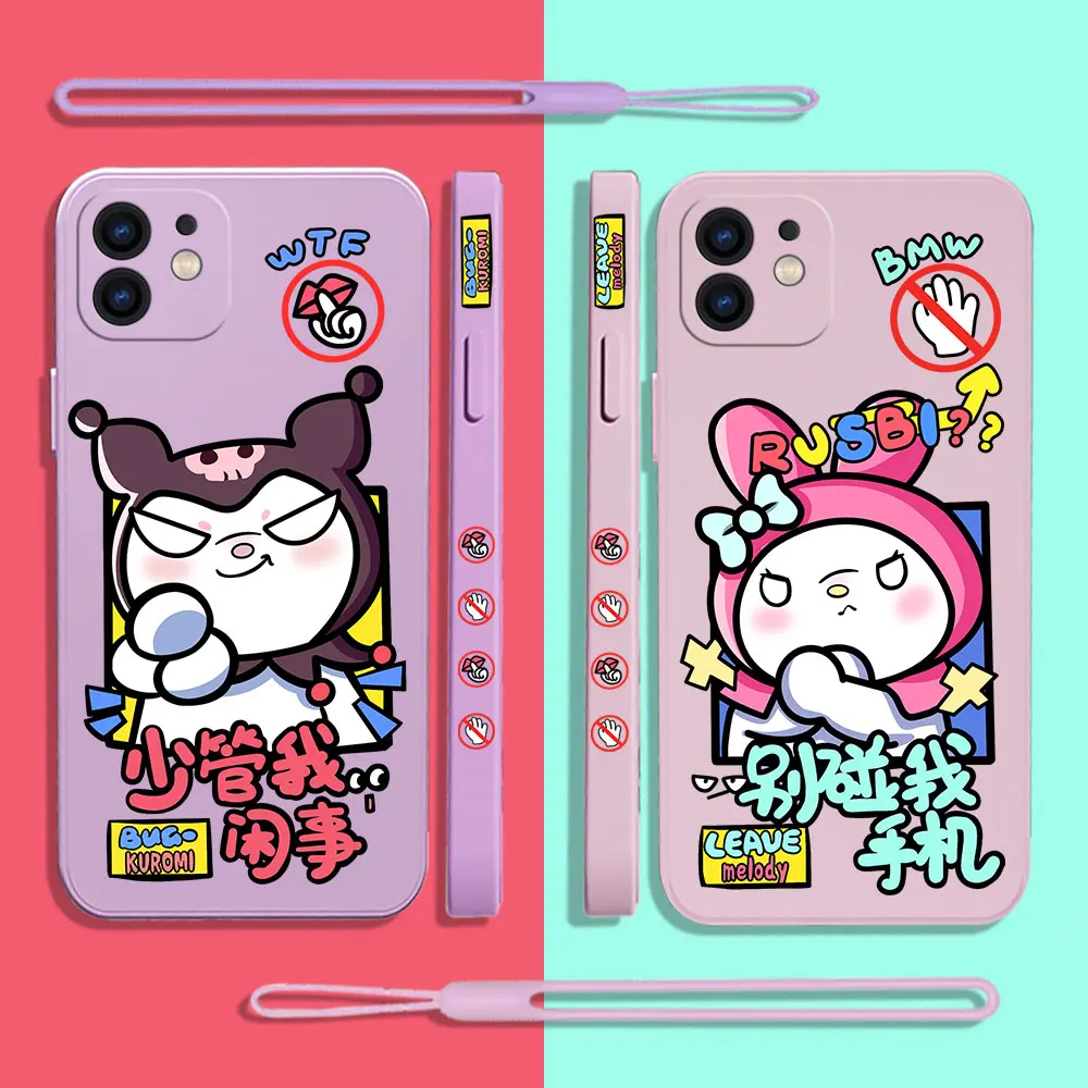 

Cartoon Sanrio Kuromi Melody Phone Case For iPhone 15 14 13 12 11 Pro Max Mini X XR XS MAX SE20 8 Plus Silicone with Hand Strap