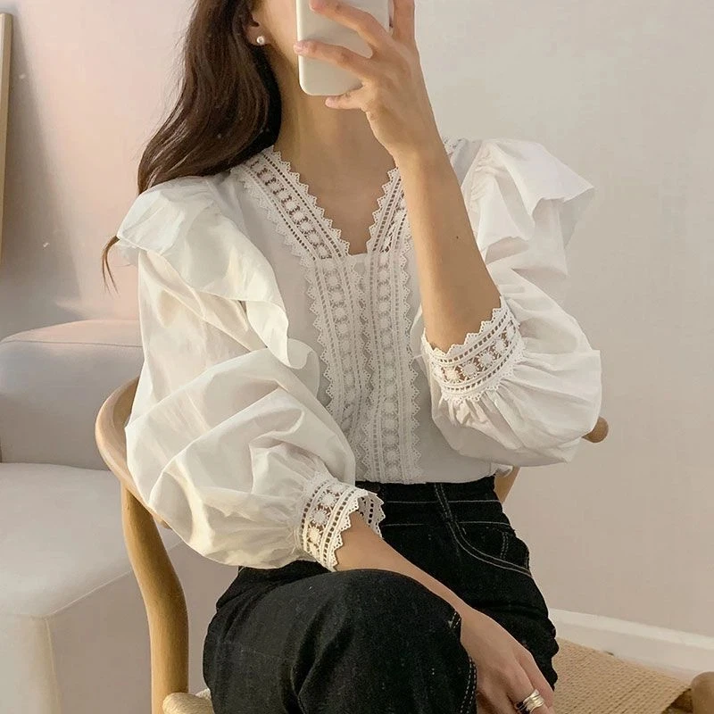 New Fashion V-neck Ruffled Bubble Sleeves Women's Long-sleeved White Shirt Elegant Casual Office Top Pullover Shirt