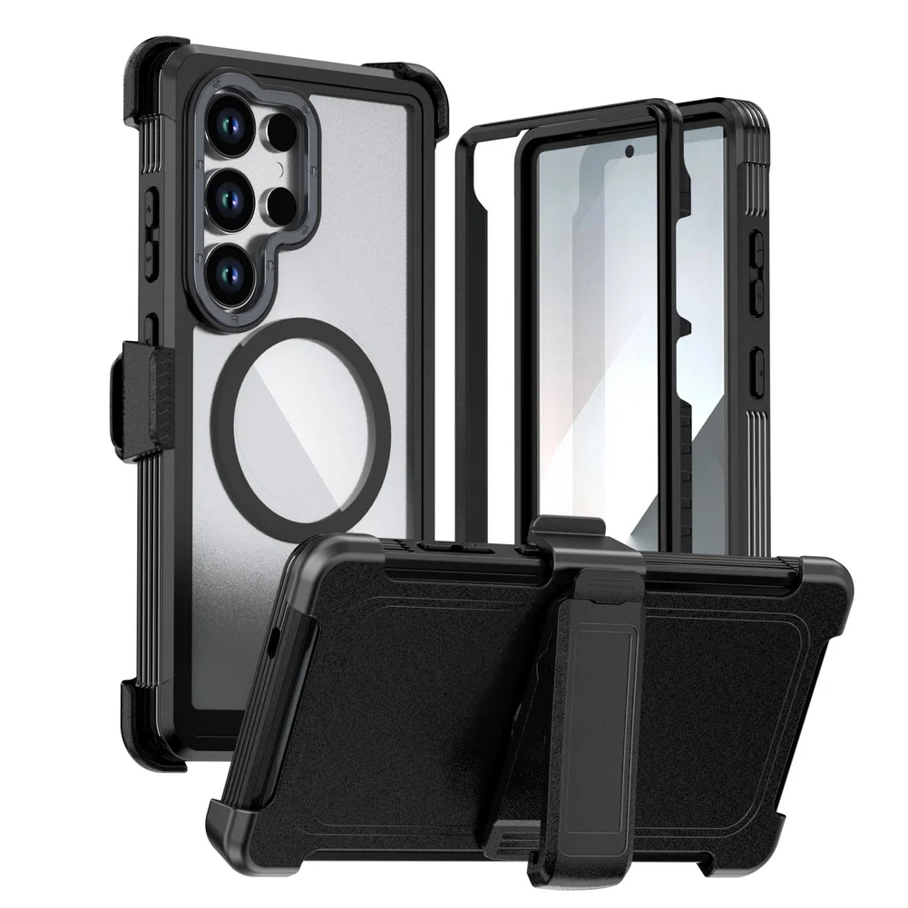 Military Grade Magnetic Case with Built-in Kickstand & Belt Clip Cover (3 in 1)