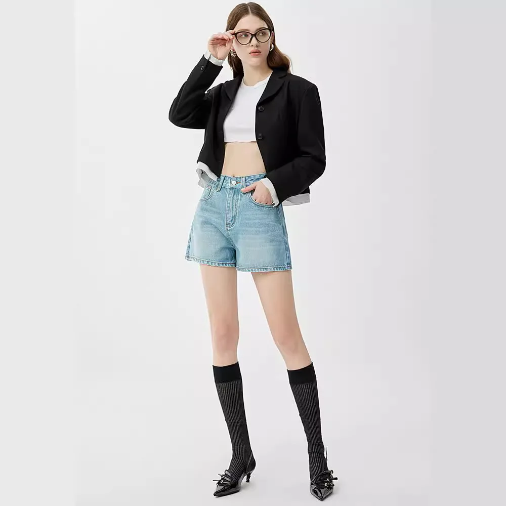 

Hey Jeans High-End Simple Design Denim Shorts Women's 2024 Summer New High Waist Fashion Denim Shorts