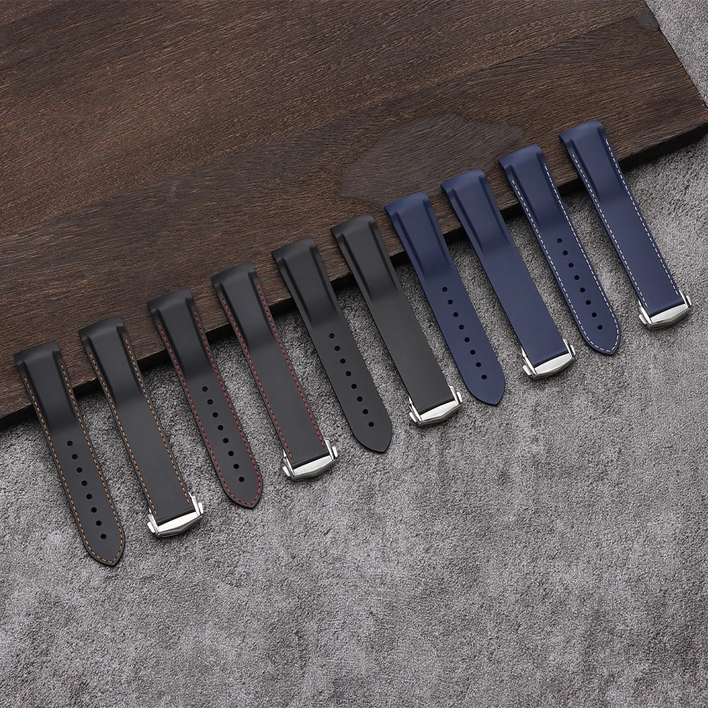 Curved End Silicone Rubber Watch Strap with Folding Buckle - Premium Bracelet, 20mm/22mm