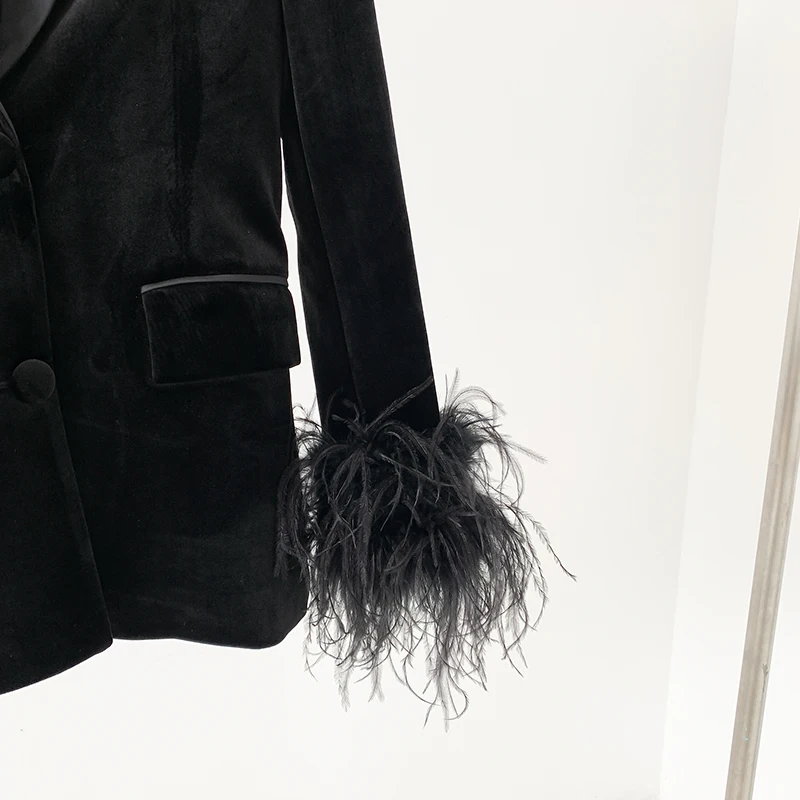 Black Velvet Blazer with Ostrich hair Feathers Women  Jacket Satin Lapel Office Business Autumn Winter Coat Formal Blazer Suit 6