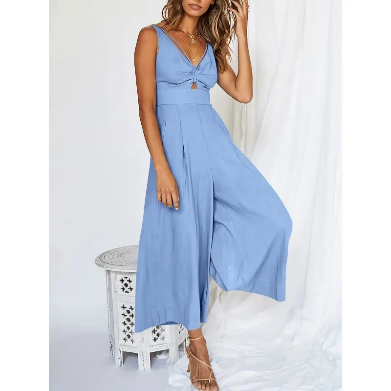 Women Sexy Backless V Neck Hollow Sleeveless Elegant Wide Leg Jumpsuit 2024 Summer Fashion Solid Slim Pockets High Waist Rompers