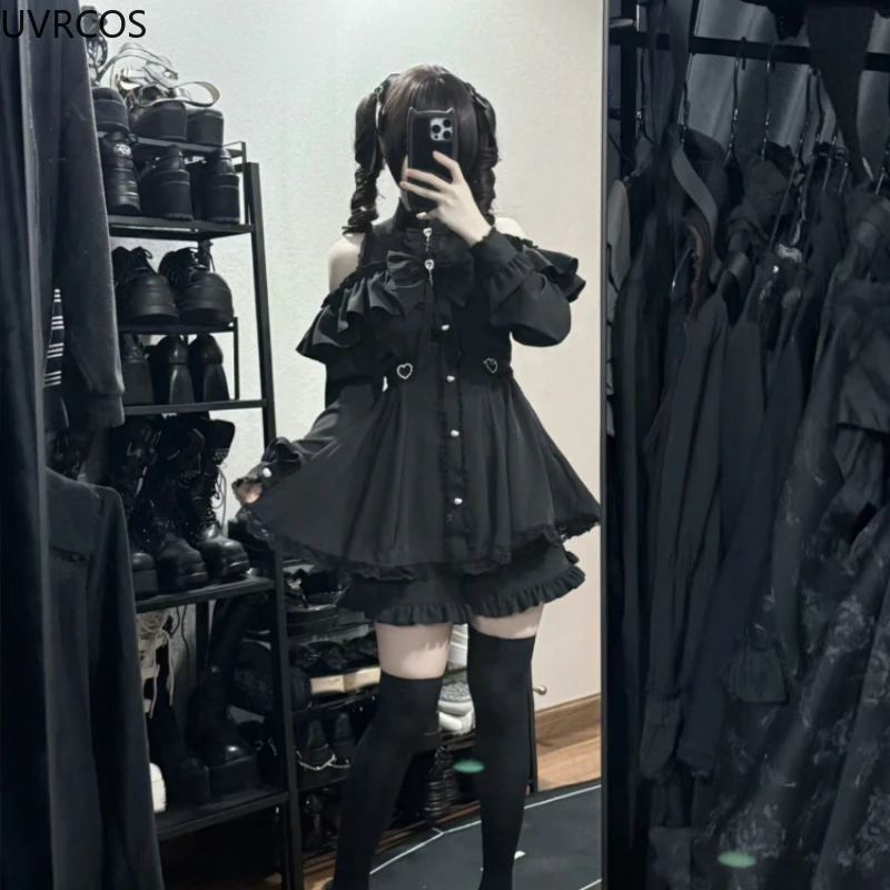 Gothic Lolita Bow Dress  Shorts Set - Off-Shoulder Lace Ruffle Party Outfit
