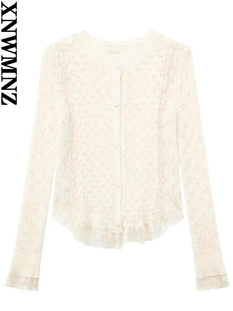 

XNWMNZ Women's Fashion 2023 Autumn/Winter Lace Ruffled Knitted Cardigan Women Vintage O Neck Long Sleeve Slim Female Top