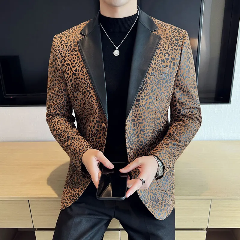 PU Leopard Print Patchwork Suit Jacket Men Slim Fit Casual Business Blazer Masculino Street Wear Social Dress Coats