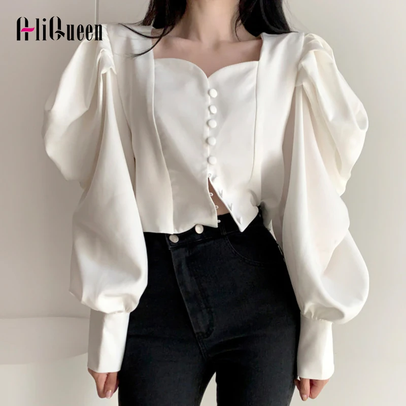 

French Chic Women Crop Tops White Blouse Vintage Elegantes Ladies Long Lantern Sleeve Square Neck Single Breasted Shirts Blusas