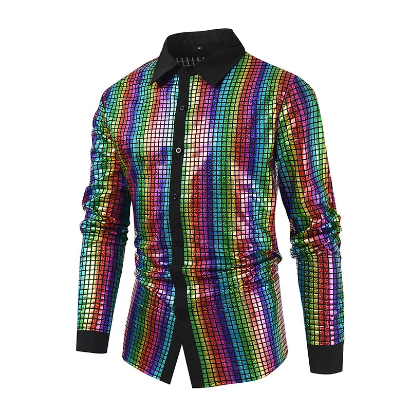 #4665 Colorful Plaid Sequined Shirt Men Turn-down Collar Streetwear Dance Singer Cosplay Night Club Men's Shirt Long Sleeve 