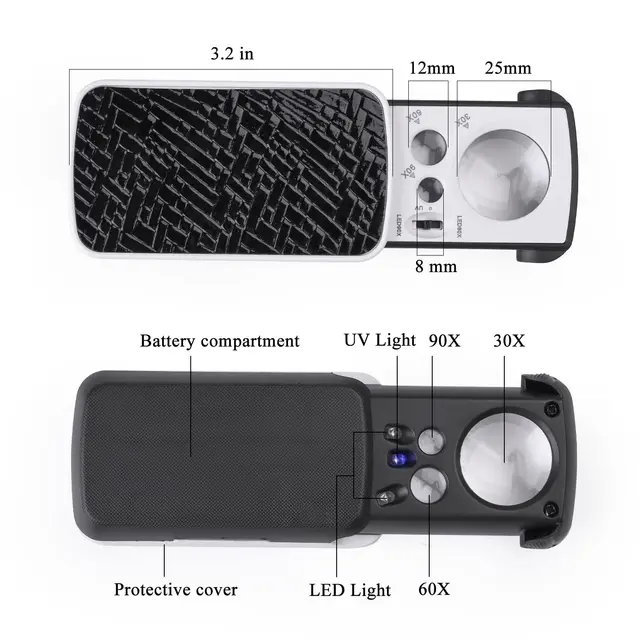 Lupa de joyería con luz LED UV, lente óptica de bolsillo deslizante para sellos de monedas y diamantes, 30X, 60X, 90X - Imagen 2