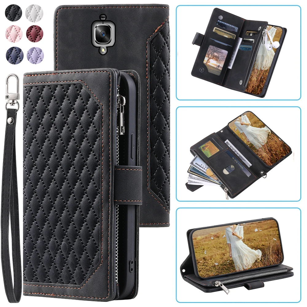 Fashion Zipper Wallet Case For OnePlus 3 3T Flip Cover Multi Card Slots Cover Phone Case Card Slot Folio with Wrist Strap