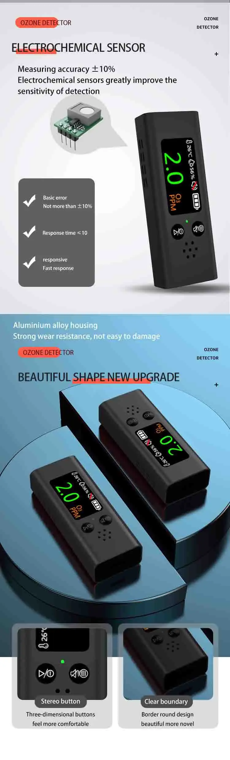 Ozone Gas Detector 3-in-1 O3 Gas/Temperature/Humidity Tester Air Quality Househo