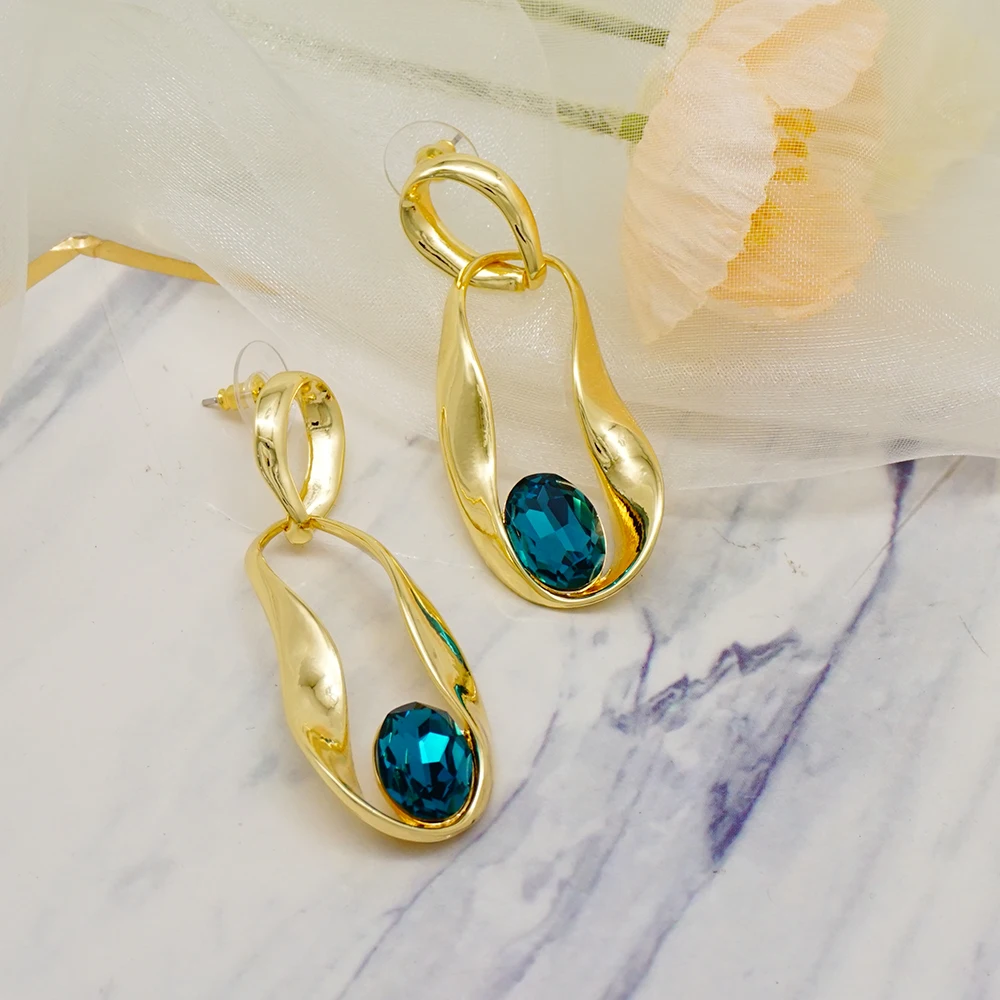 Fashion Jewelry Hanging Long Drop Dangle Earring For Women Personality Blue Rhinestone Crystal Copper Earrings Statement Earring
