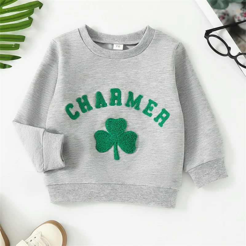 Baby Boys Girls Sweatshirts Fuzzy Shamrock Embroidery Long Sleeve Round Neck Tops Pullovers