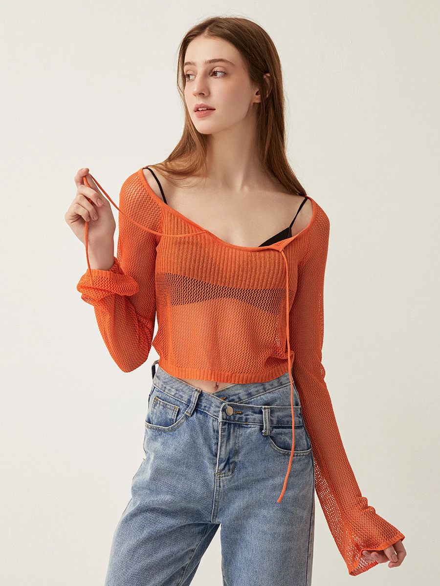 

Women s Knit Tie-Up Front Long Sleeve Solid Color Crop T-Shirt Tee Top