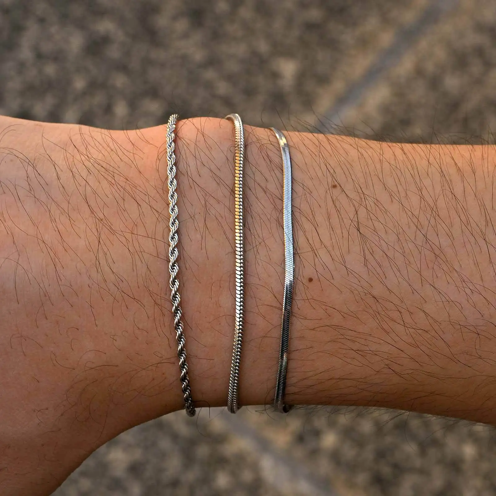 3pcs Men Thin Chain Bracelet,Never Fade Silver Color Twist Chain Wristband,Stylish Punk Jewelry Gift for Husband Father Son